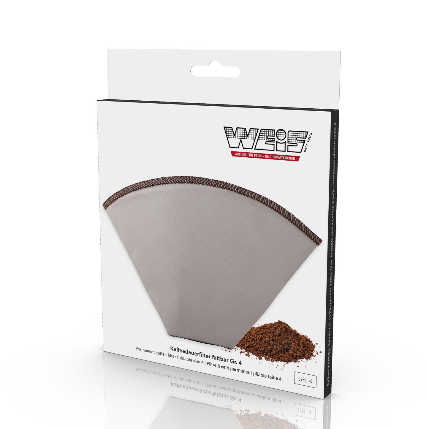 Opvouwbaar koffiefilter RVS ultrafijn gaas detail in productverpakking