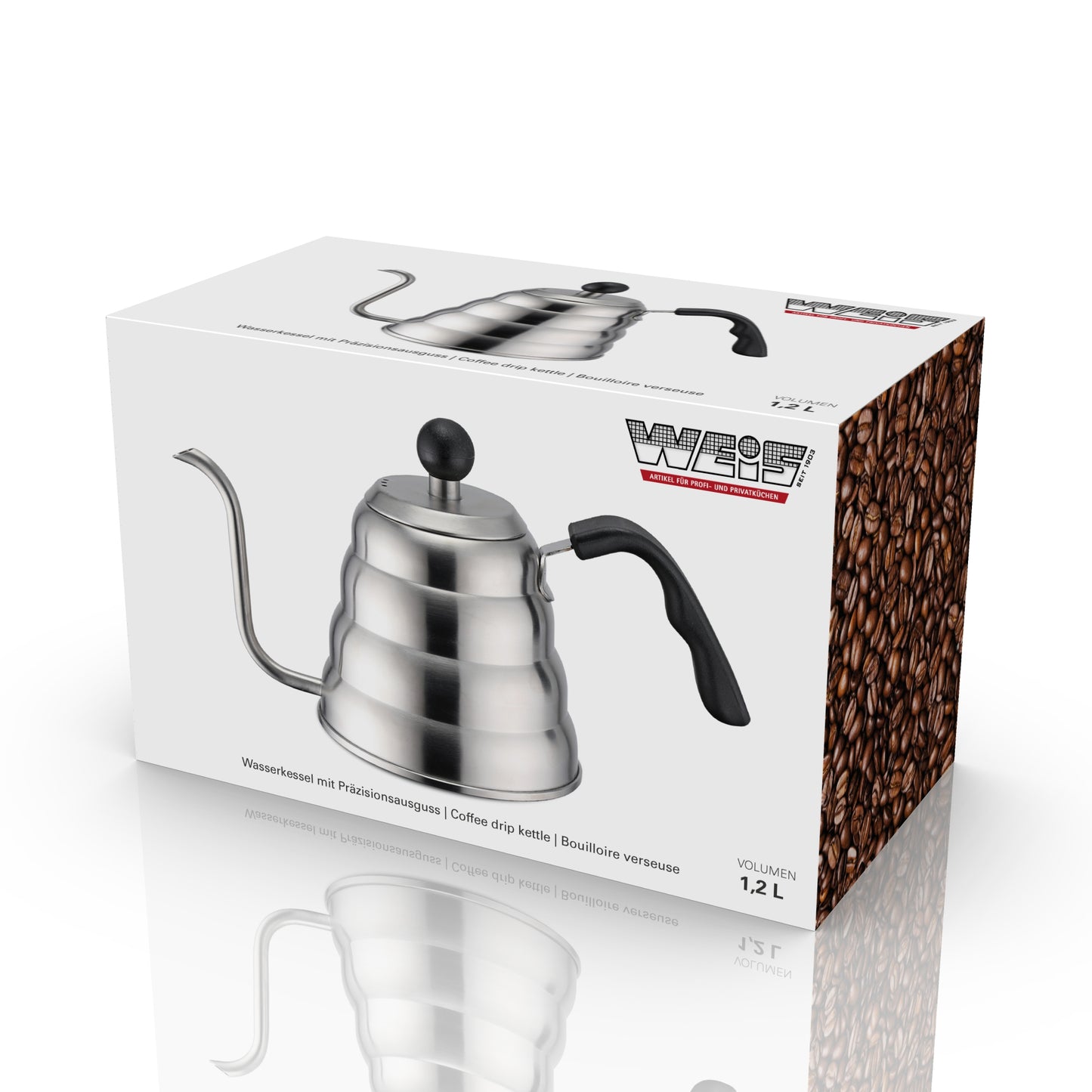 RVS pour over waterketel met gebogen tuit en ergonomisch handvat 1,2L inductiegeschikt - in verpakkingsdoos