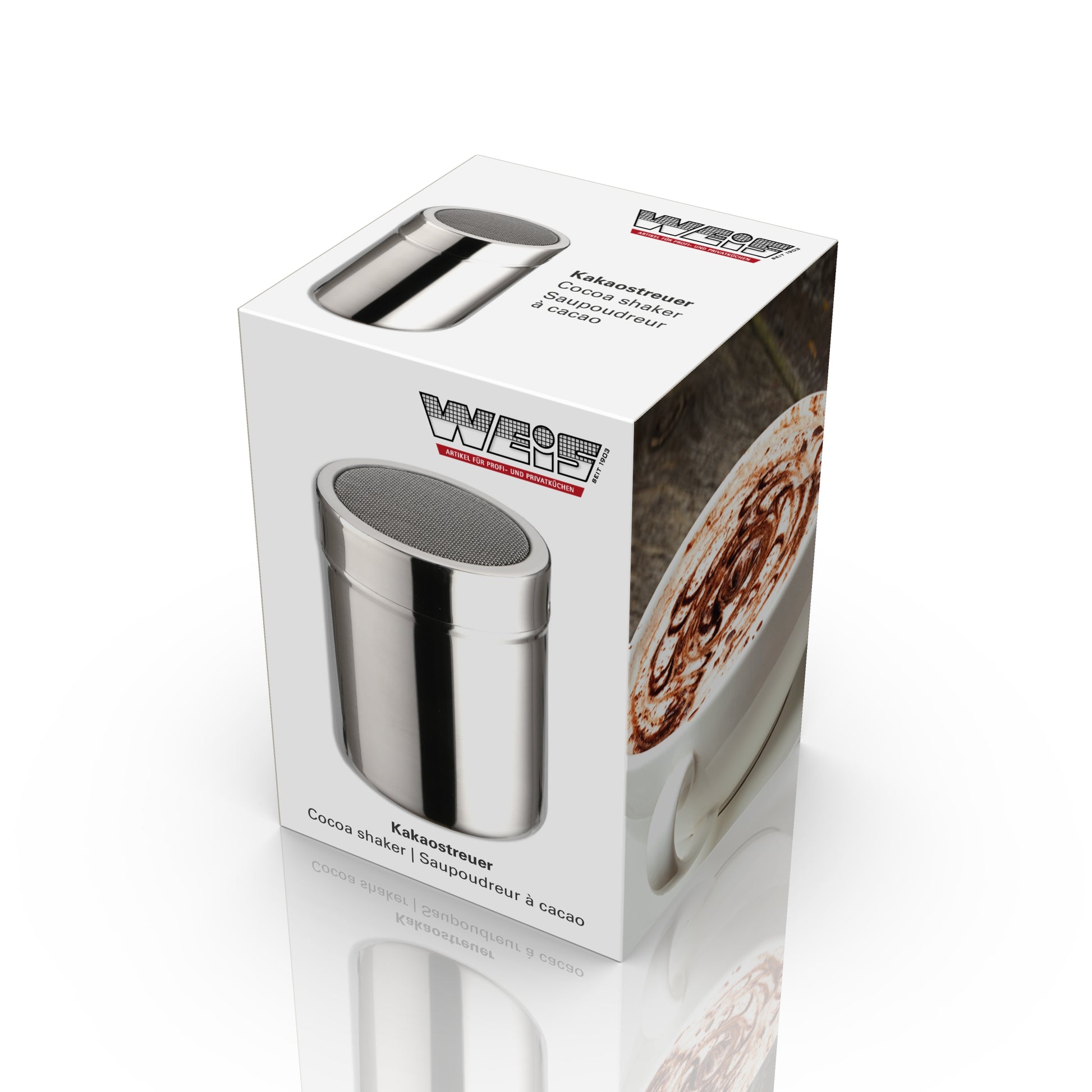Karl Weis cacaostrooier detail roestvrij staal in geschenkverpakking