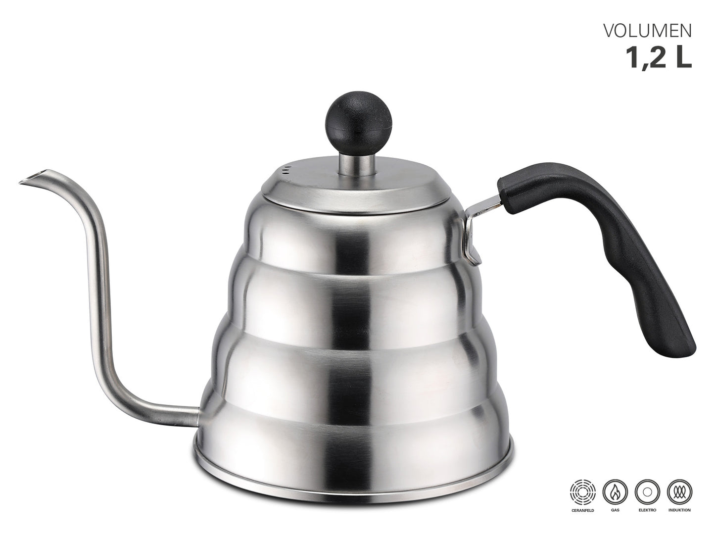 RVS pour over waterketel met gebogen tuit en ergonomisch handvat 1,2L inductiegeschikt