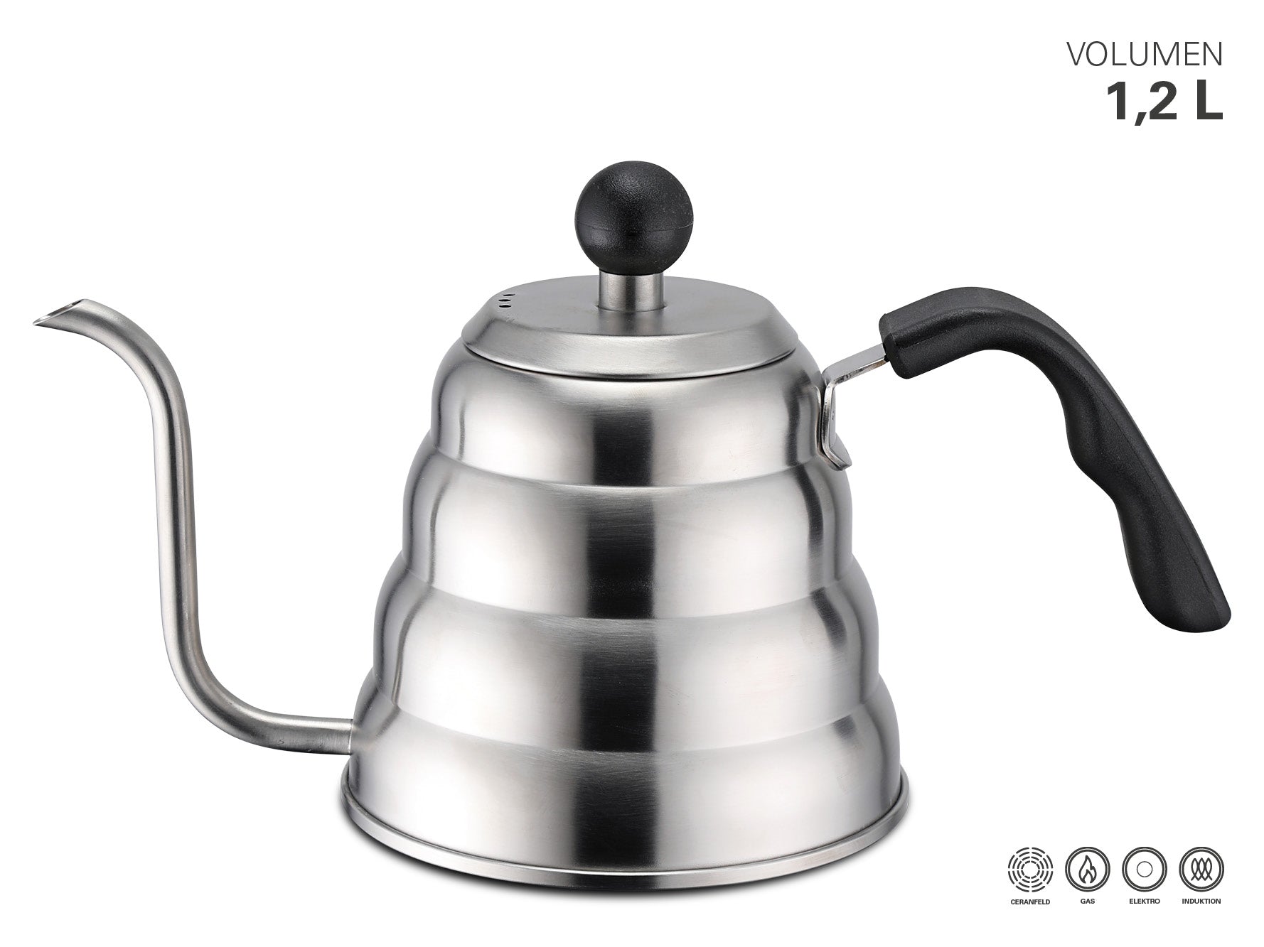 RVS pour over waterketel met gebogen tuit en ergonomisch handvat 1,2L inductiegeschikt