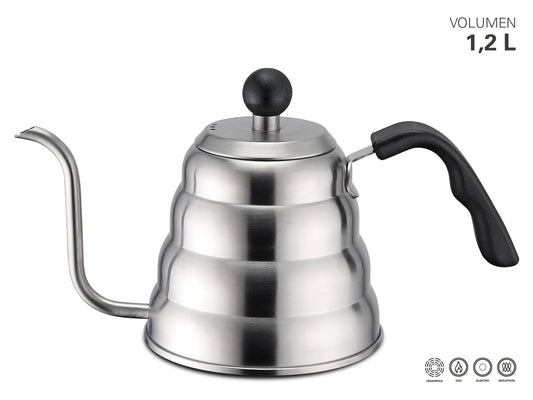 RVS pour over waterketel met gebogen tuit en ergonomisch handvat 1,2L inductiegeschikt