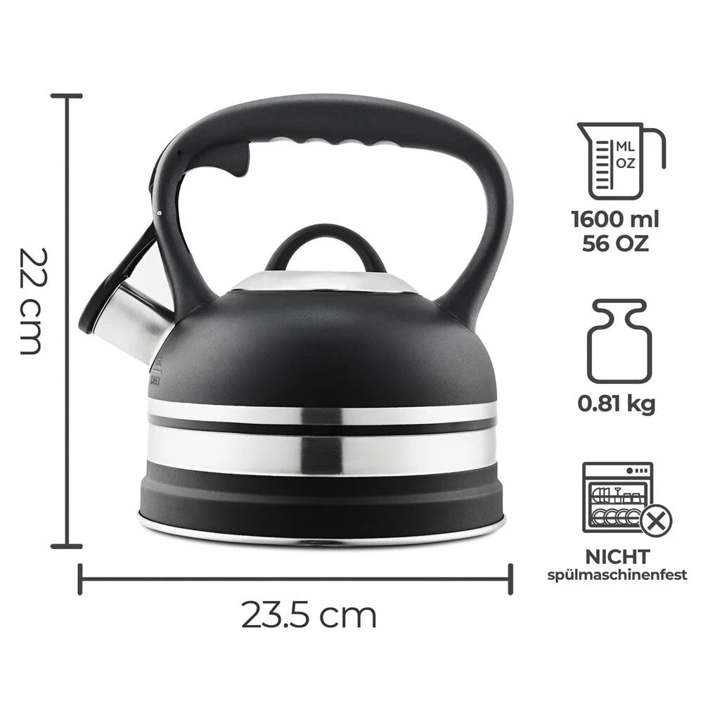 Waterkoker 1,6 liter roestvrij staal inductie gas elektrisch universeel - afmetingen en detail info

